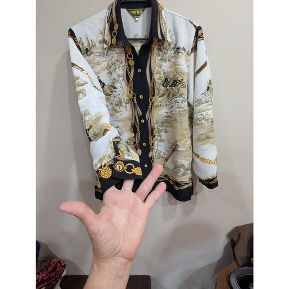 VINTAGE 90s Gianni Nicole women's size L hunting scene handkerchief style blouse - Picture 4 of 13